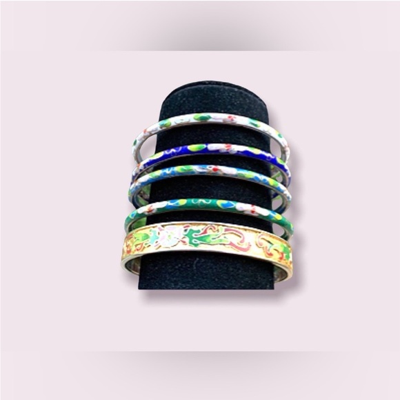 Vintage Bangle Bracelets Floral Cloisonné Jewelry Lot - Picture 4 of 12